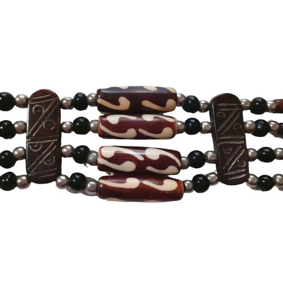 Brown Beaded Boho Choker Tribal Style Leather Tie Handmade - Picture 5 of 8